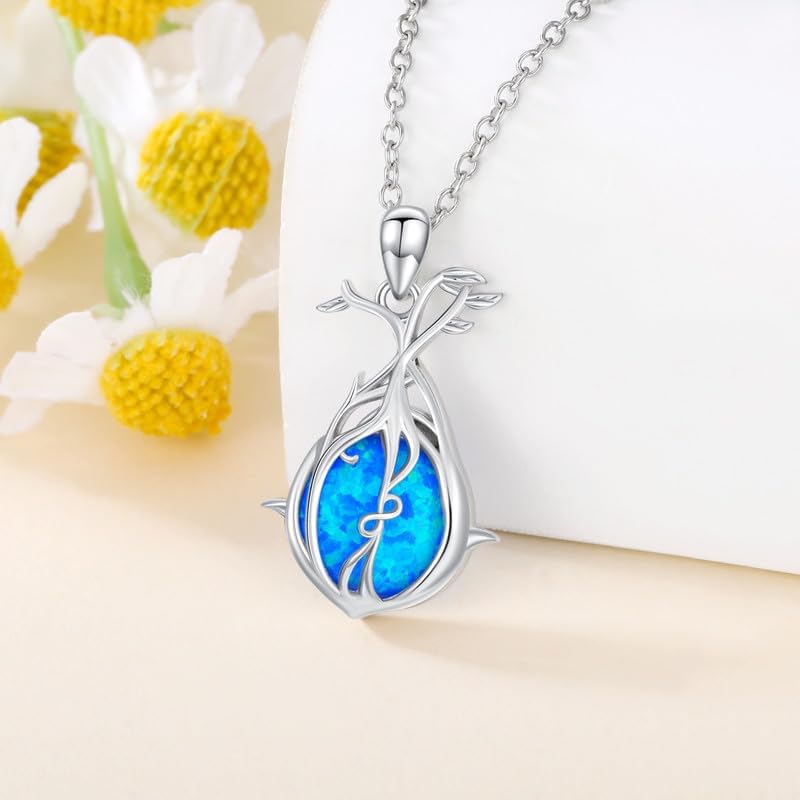 Tree of life Opal necklace for Women Sterling Silver Tree Jewelry Pendant Necklace Blue Opal Pendant Necklace Fine Jewelry Birthday Anniversary Christmas Gift for Mom Her - Image 2