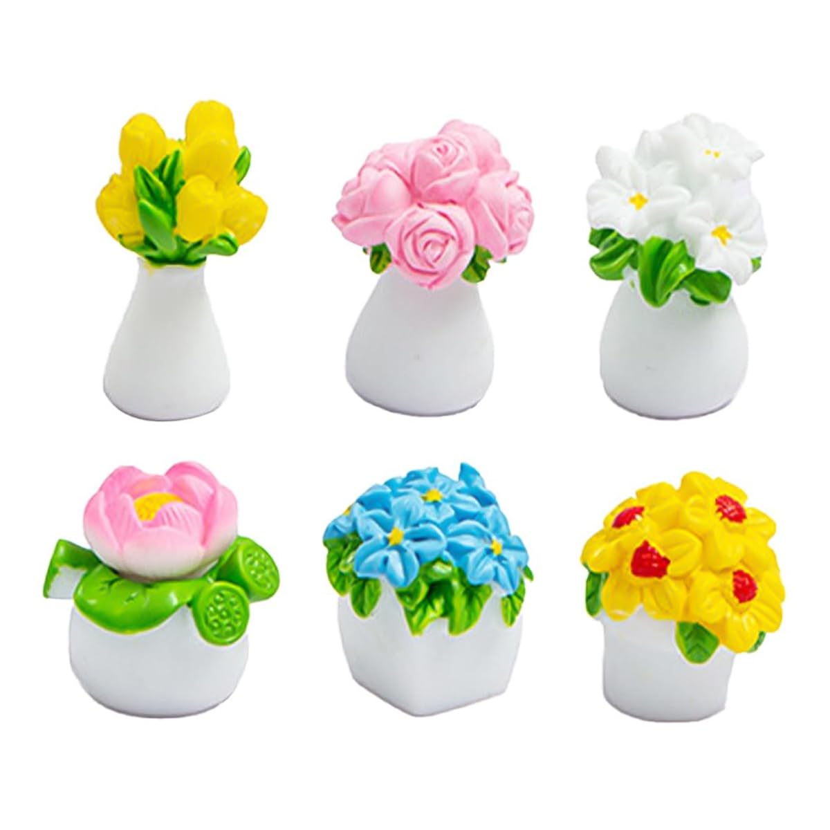 Muiltvoe 6 Pack Miniature Flowers Mini Potted Plants Model Fairy Garden Accessories Kits Mini Dolls House Plants Tiny Resin Flowers For Dashboard Cake Terrarium Decor