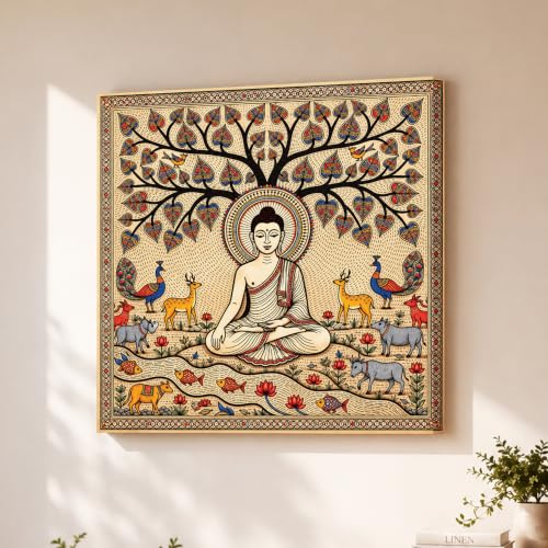 Image of PAINTINGMANTRA Madhubani Buddha Wall Painting for Living Room, Buddha wall Art Painting for living room, Bedroom, office and Meditation Room, Canvas, 22x22 Inch