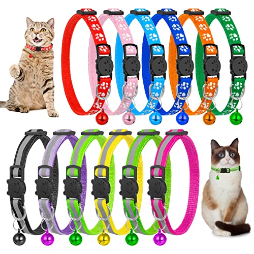 tao pipe 12 Piezas Collar Gato Reflectante, Collar para Gato con Campana y Hebilla Seguro de Liberación Rápida Cómodo y Ajustable Collar de Gato Personalizado