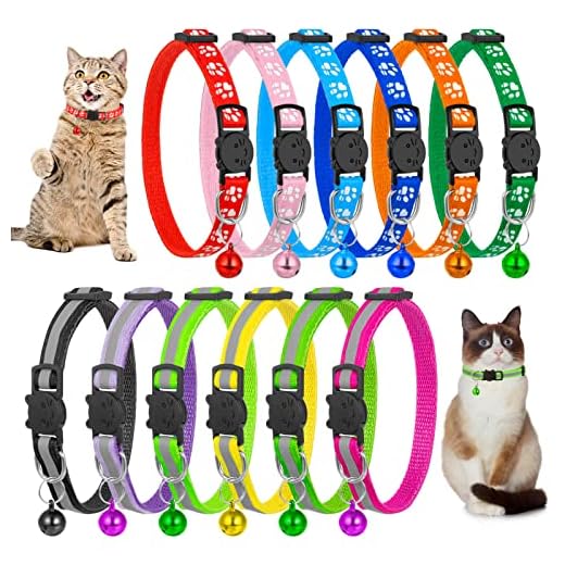 tao pipe 12 Piezas Collar Gato Reflectante, Collar para Gato con Campana y Hebilla Seguro de Liberación Rápida Cómodo y Ajustable Collar de Gato Personalizado