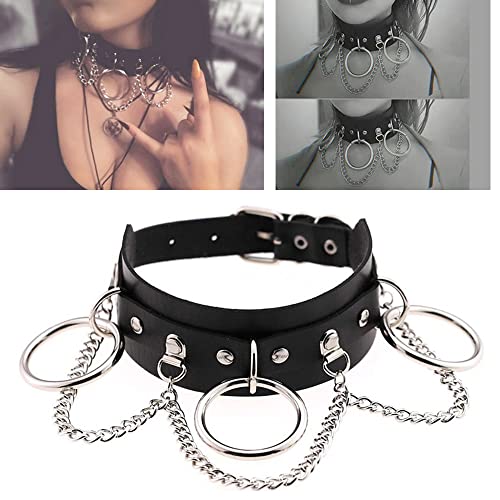 Yijunmca PU Leder Halskette O-Ring Damen Choker Punk Style Leather Halsband Nieten Collar Cosplayer Halsreif Verstellbarer Kragen Kette für Frauen Halloween Party Zubehör, Gold