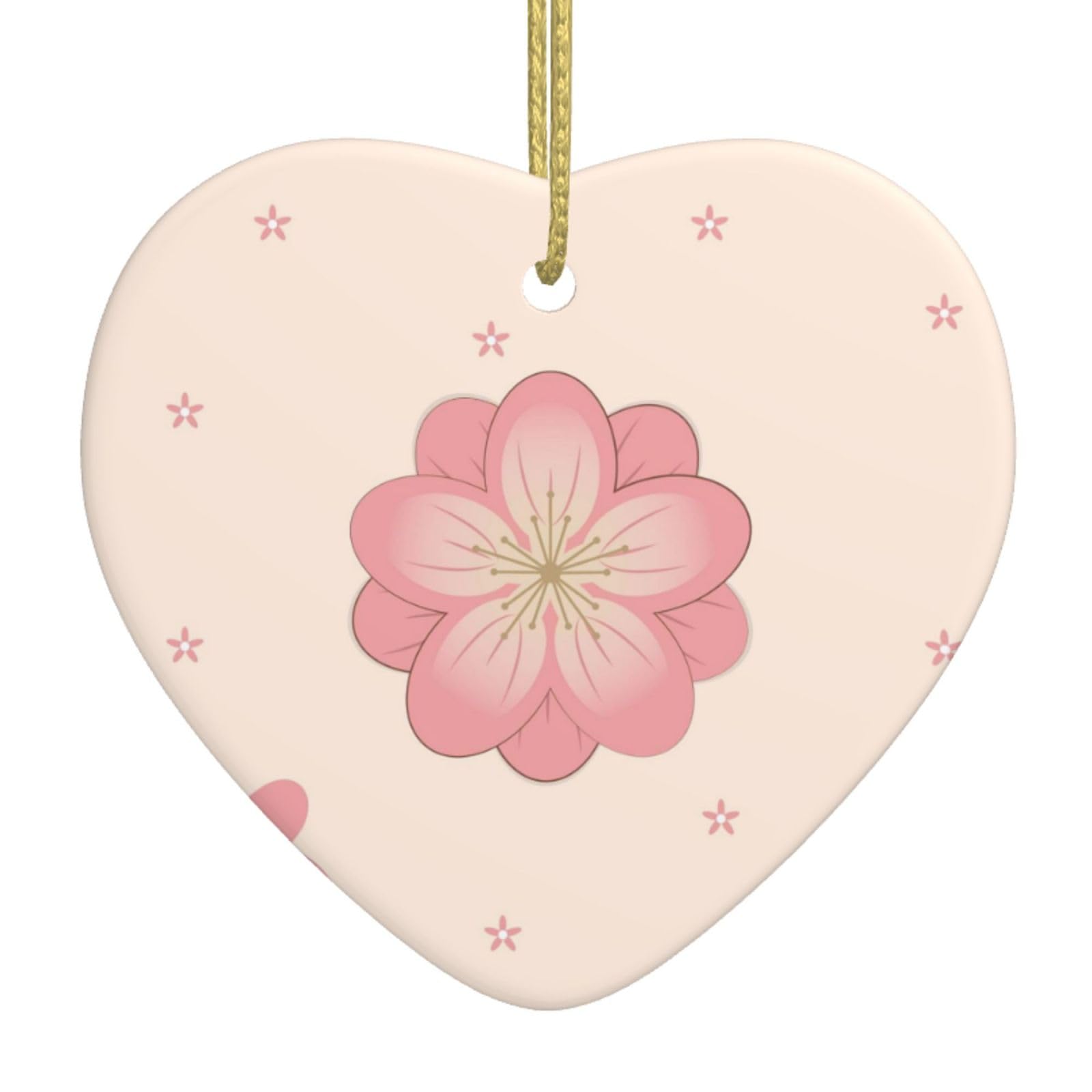Little Pink Cherry Blossoms Ceramic Christmas Heart Pendant with Silk Thread, Christmas Tree Home Decoration