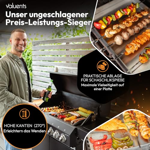 valuents® Grillplatte - Plancha Grill Platte aus dickem & rostfreiem Edelstahl – 40 x 30 cm – für BBQ Gasgrill & Kohlegrill geeignet +PLUS: Bürste & Grillspachtel 6