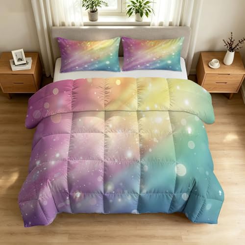 Edredón para las 4 estaciones sin funda de 155 x 220 cm – Romántico Aurora Polar Edredón + fundas de almohada, suave arco iris degradado de color de estrellas brillantes para todo el año, transpirable