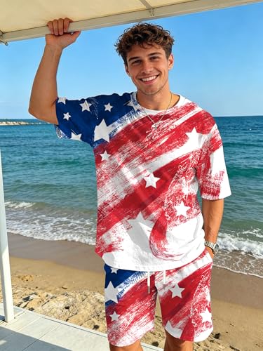 Image of Ithalt Patriotic Shirts for Men 4th of July Outfit 2 Piece Set Short Sleeve and Shorts American Flag 250th Anniversary
