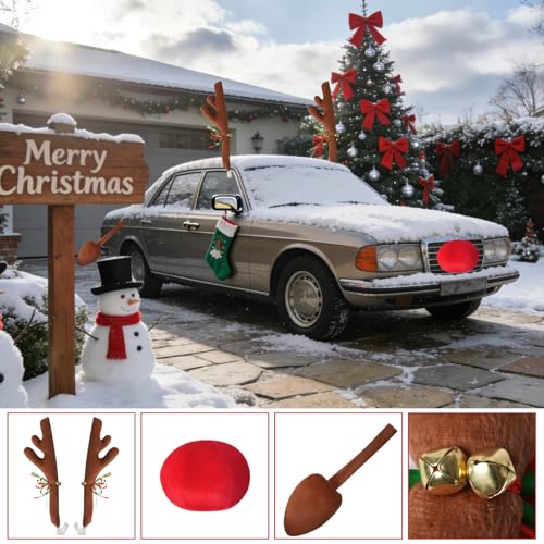 Image of Christmas Car Reindeer Antlers with Red Nose, Tail & Jingle Bells Kit, Vehicle Xmas Decoration Rudolph Reindeer for SUV, Van, Truck