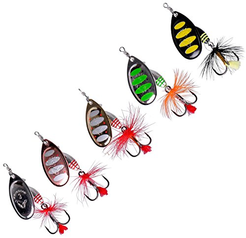 Fishing Spinners Set of 5, Best selections from Mepps, Savage Gear, Blue Fox - Best Lures for Bass, Trout, Salmon, Crappie and Musky Fishing (#3, MS/CS/GS/GH/BB)