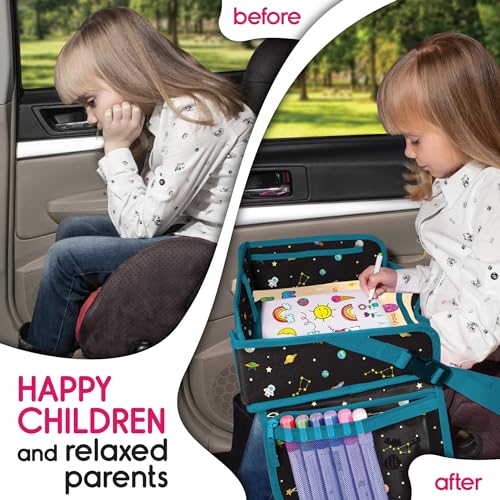Image of Car Seat Tray for Toddler - Waterproof Carseat Table Top - Kids Travel Tray - Travel and Road Trip Essentials Kids - Lap Desk with Storage -Baby Airplane Travel Accessories (Black)