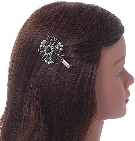 Vintage Inspired Black/Grey Crystal, Pearl Flower Hair Beak Clip/Concord Clip/Clamp Clip In Bronze Tone - 60mm L - Image 3