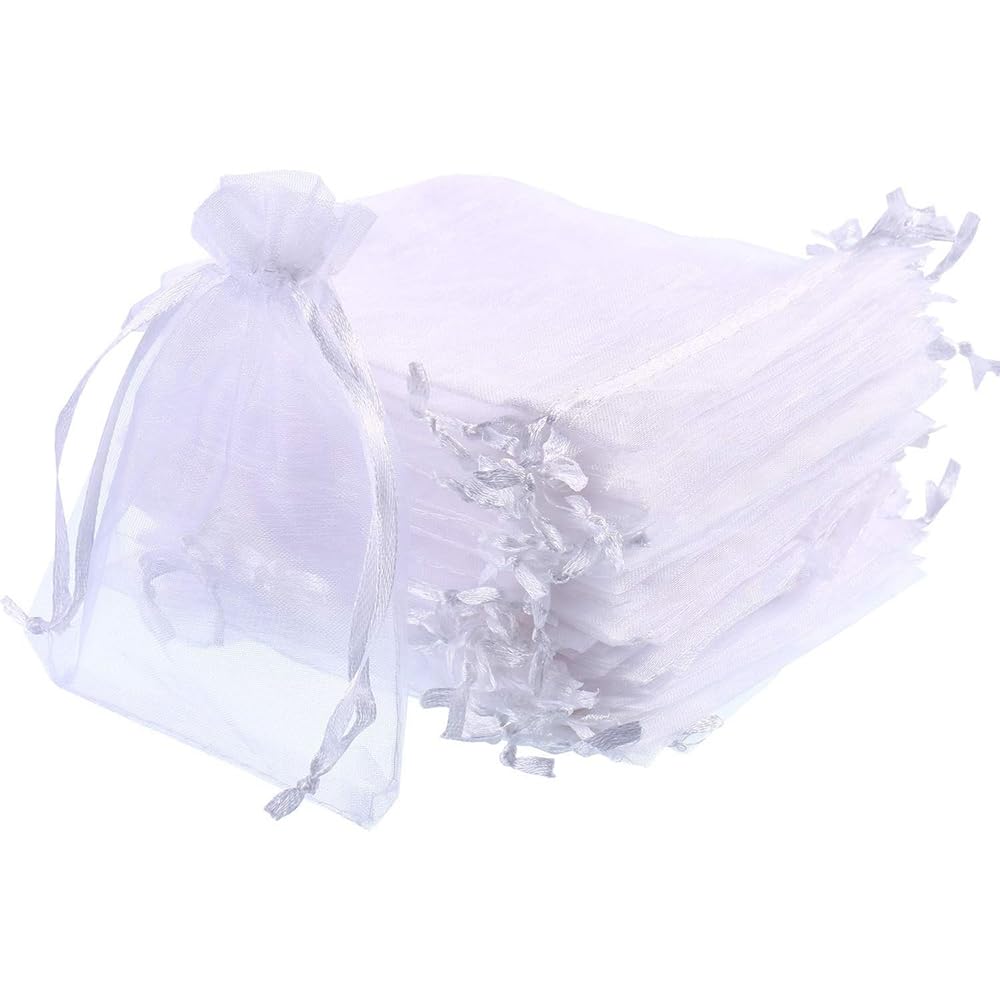 SECALIFE 100 Pieces White Organza Drawstring Gift Bags Party Wedding Favor Jewelry Pouches Party Favor for Wedding, Christmas, Birthday, Anniversary 9 x 7 cm