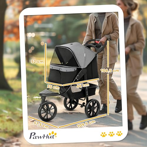 PawHut Hundewagen klappbar Hundebuggy für Hunde & Katzen bis 10 kg Katzenbuggy mit Netzfenstern Getränkbehalter Aufbewahrungskorb Katzenwagen Buggy Grau