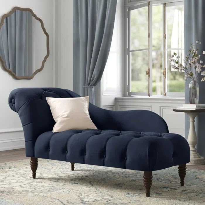 HM HANDICRAFTS Premium Velvet Chaise Lounge Sofa | Tufted Upholstered Chaise Chair with Solid Wood Legs | Luxury Lounge Chair for Living Room, Bedroom & Reading Corner, Blue-image-22