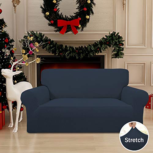 Image of Easy-Going Stretch Loveseat Slipcover 1-Piece Sofa Cover Furniture Protector Couch Soft with Elastic Bottom for Kids Polyester Spandex Jacquard Fabric Small Checks (Loveseat, Dark Blue)
