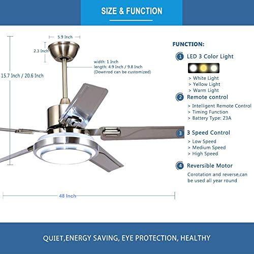Fandian 48" Modern Ceiling Fans With Lights Remote Control Reversible Fan, Stainless Steel Blades, 3 Speeds And 3 Color Changes Lighting Fixture With Led Board For Bedroom Living Room #TOP3