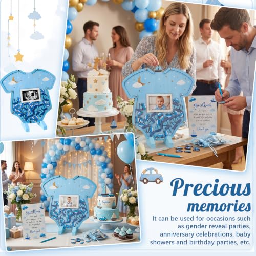 Image of Kosiz Blue Baby Shower Guest Book, Acrylic Guest Book Alternative with Wooden Cars and Boats for 60 Guests, Baby Shower Sign and Nursery Keepsake
