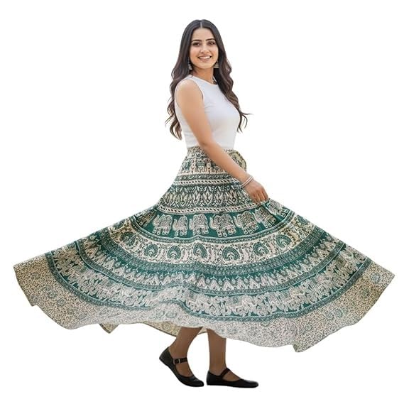 Image of HARSHITA-Enterprises Jaipuri Women's Cotton Printed Elastic Long Skirts