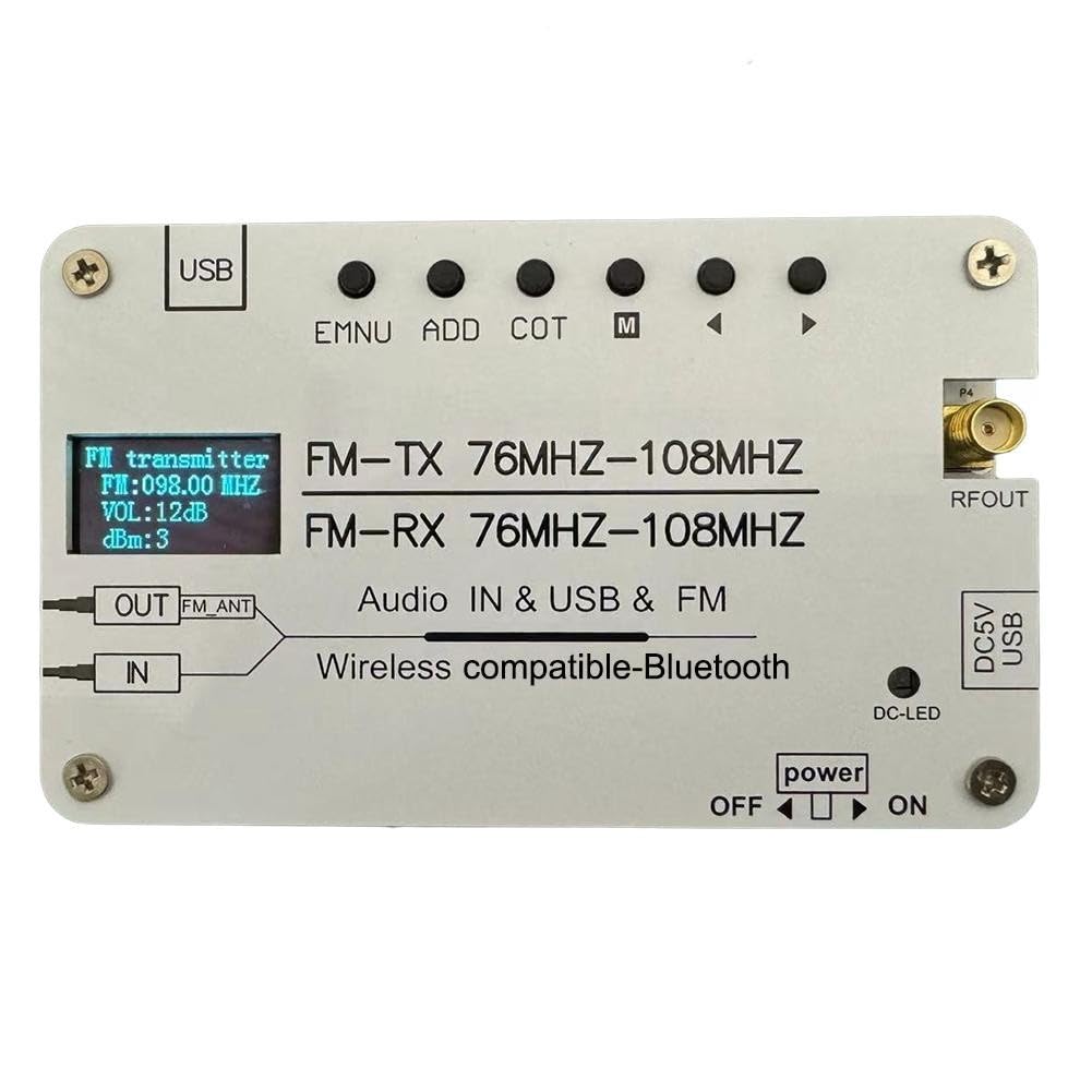 Trasmettitore FM stereo con Bluetooth, frequenza regolabile da 76 a 108 MHz e display OLED, per trasmissione campus e sistemi radio DSP