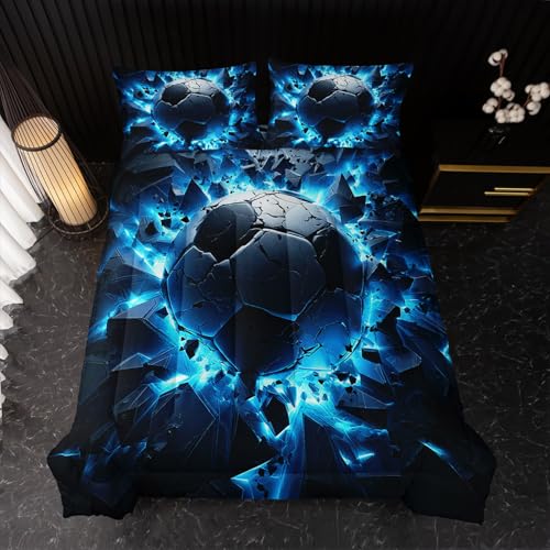 Image of Nttopship Soccer Bedding Comforter Set Full Size for Kids Teens and Adults, Blue Black Football Printed Bedding Sets 3 PCS,Ball Sports Themed Bedroom Decor with 1 Comforter and 2 Pillowcases