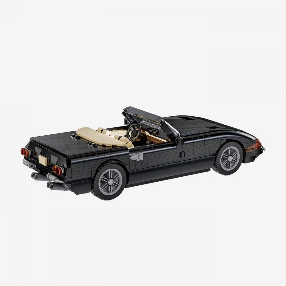 BlueBrixx 1970er Sport Cabriolet schwarz, 1291 Klemmbausteine, Oldtimer | Maßstab 1:18, 290 x 120 x 90 mm, offenes Verdeck, heller Innenraum, silberne Felgen, für Sammler, 109262
