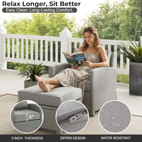 Image of DEVOKO 5 Pieces Patio Furniture Set Outdoor Sofa and Ottoman Set with Cushions & Center Table, HDPE Wicker Rattan for Lawn, Pool, Balcony, Backyard (Silver and Grey)