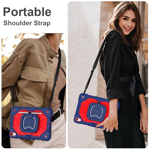 Image of Scnioy Case for iPad (A16) 11th Generation 11 Inch (2025), iPad 10th Generation Case 10.9 Inch (2022), Shockproof Cover with 360 Rotating Stand Screen Protector Pen Holder Shoulder Strap, Navy Red
