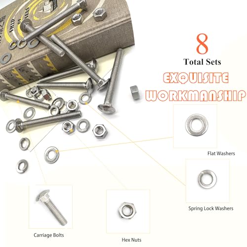 Image of 8 Sets 5 /16 inch-18 x3 Carriage Bolts Round Head Square Neck Screws with Hex Nuts Flat Washers Spring Lock Washers 304 Stainless Steel Full Thread Coverage Square Neck Bolts Assortment Kit