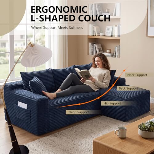 Image of 94.5 inch L Shaped Boneless Sectional Corduroy Couches for Living Room (Blue)