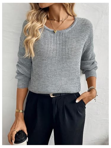 Image of BEAUDRM Women's Bow Tie Backless Sweaters Long Sleeve Crew Neck Drop Shoulder Cable Knit Sweater Women Grey Large