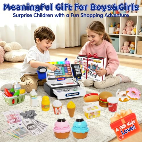 Image of LED Calculator Cash Register Toy - Pretend Play Set Kids Cash Register with Scanner, Microphone and Credit Card, Math Skills Toy for 3, 4, 5, 6 7 8+ Year Old Boy Girl