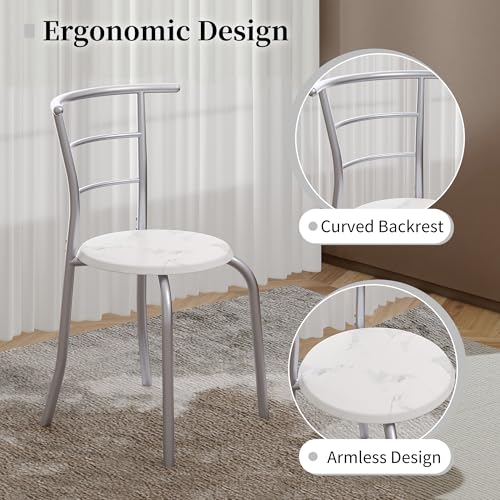 Image of VECELO 3-Piece Dining Table Set for Kitchen Breakfast Nook, Faux Marbled Oval Tabletop and Metal Frame with Built-in Wine Rack, for Small Spaces, White & Silver