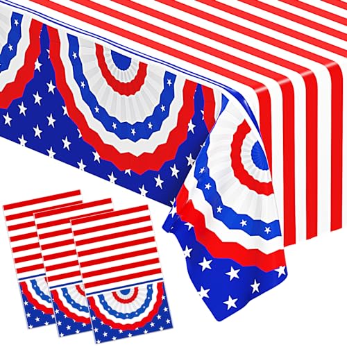 Image of 3 Pack Patriotic Tablecloth, Plastic Disposable 4th of July Tablecloth Independence Day Table Cover Patriotic Themed Party Supplies for Outside, Picnic, Memorial, 108in x 54in