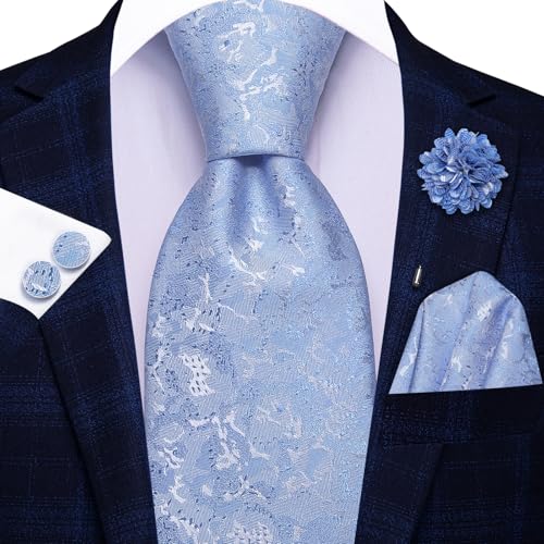 Image of Hi-Tie Mens Baby Blue Silk Tie Classic Woven Necktie Lapel Pin Pocket Square Cufflinks Sets Formal Business Wedding