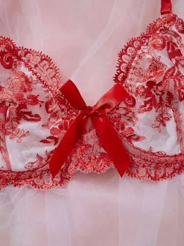 Image of Sexy Floral Embroidered Flower Mesh Underwire Push Up Lingerie Set