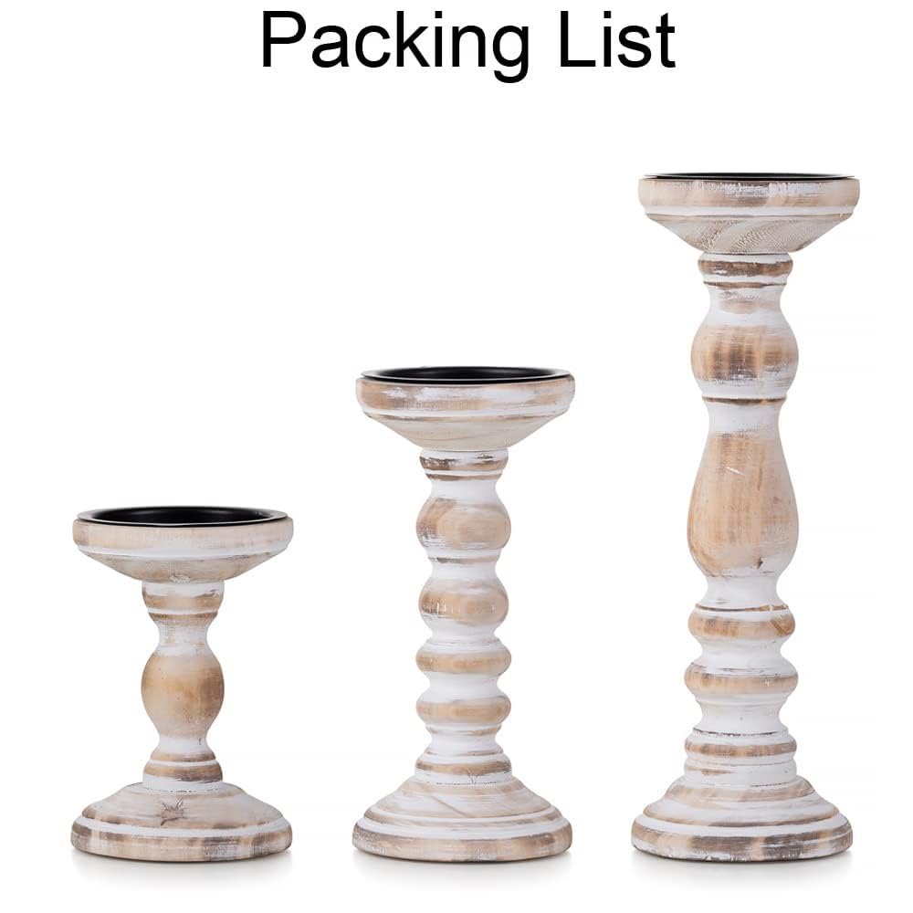 Rustique Bougeoirs en Bois Pilier - 3 Pcs Bougeoirs en Bois Bougeoir Pilier Ensemble Blanc Détresse Shabby Chic Photophores pour Centres de Table de Mariage Ferme Maison Décoration Chambre