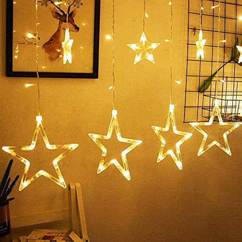 Image of 12 Stars LED Diwali Lights Curtain String Lights Window Curtain Led Lights for Decoration with 8 Flashing for Christmas, Wedding, Party, Home, Patio Lawn (Warm White)