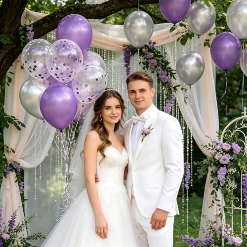 Image of 100pcs Purple Confetti Balloons 12 Inch Clear Latex Balloon with Purple Confetti Inside for Balloon Garland or Arch Birthday Anniversary Graduation Engagement Wedding Party Decorations