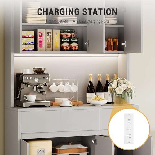 GarveeHome 71" Kitchen Pantry Cabinet, Kitchen Hutch Storage with Led Lights and Power Outlets, Buffet Cabinet with Microwave Stand, Adjustable Shelves, Handless Design, Grey