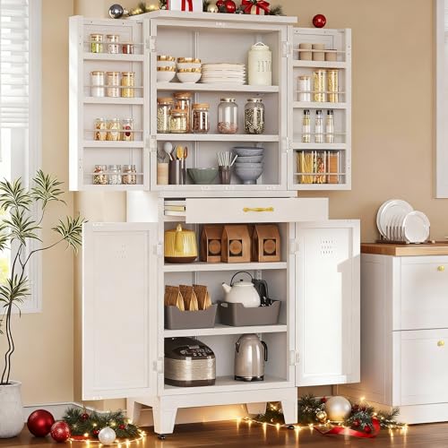 YITAHOME 71 Metal Pantry Cabinet with Drawer Shelves & Door Racks White