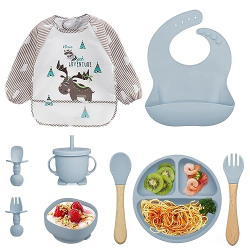 Set Da Svezzamento Per Bambino 6 Pezzi In Acciaio Inox E Silicone: Piatto Con Ventosa, Ciotola, Bavaglino, Tazza 2 In 1 E 2 Cucchiai, Lavabile In Lavastoviglie, Senza BPA, Blu