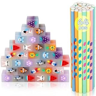 Runxin 64Pcs Matite con Gomma Bambini,32 Gomme Cancellare Bambini Divertenti & 32 Matite Bambini Adatta Regalini Fine Festa Compleanno,Gadget Compleanno Bambini