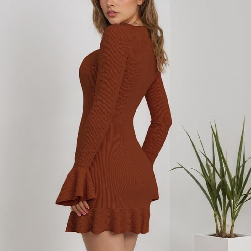 Women's Ruffle Mini Dress Sexy V-Neck Bodycon Dress with Bell Sleeve Fit Slim Party Club Short Pencil Dresses - Image 4