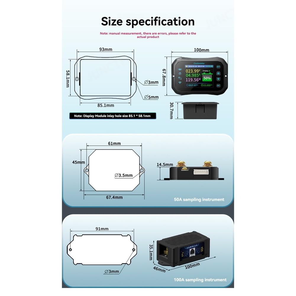 Booso Medidor Culombio KM110F con WiFi, Detección Corriente Bidireccional Alta Precisión, Muestra la Potencia del Voltaje la Batería para Vehículos Recreativos y Vehículos Eléctricos