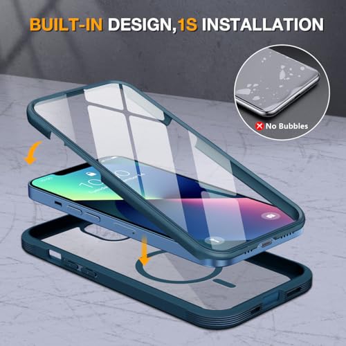 Image of Miracase for iPhone 13 Case 6.1'',Full-Body Magnetic Clear Bumper Case with Built-in 9H Tempered Glass Screen Protector,Military Drop Protection Outdoor Phone Case,Storm Blue