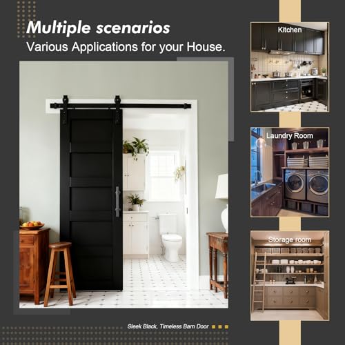 Image of Fredbeck 30x84 in Black Barn Door with 5.5FT Hardware Kit Included,5-Panels | Sliding Interior Door with Handle,Solid,MDF, PVC Surface,DIY Assembly