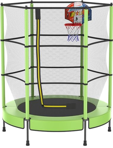 PILIN Cama elástica Infantil con aro de Baloncesto, Cama de Salto de 145 cm para Interior y Exterior con Plumas, Red de Seguridad elevada, Juguete de cumpleaños para niños y niñas