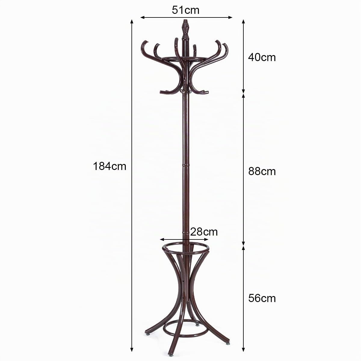 GIANTEX Appendiabiti da 184 cm, Scaffale per Abiti e Cappelli, Appendiabiti in Legno con 12 Ganci, Supporto per Ombrellone, Portabiti Autoportante, per Ingresso, Ufficio, Soggiorno (Marrone)