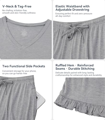 Image of WiWi Womens Pajamas Set Bamboo Viscose Super Soft Short Sleeve Top Ruffle Shorts Sleepwear Cooling Pj Sets S-XXL