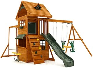 KidKraft Ridgeview Deluxe Clubhouse Wooden Swing Set / Playset with Café Table and Stools, Monkey Bars, Swing and Rock Wall, Gift for Ages 3-10