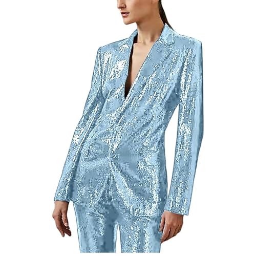 Women Suits 2 Piece Shiny Sequin V Neck Jacket Blazer Pants Sets for Prom Dinner Party